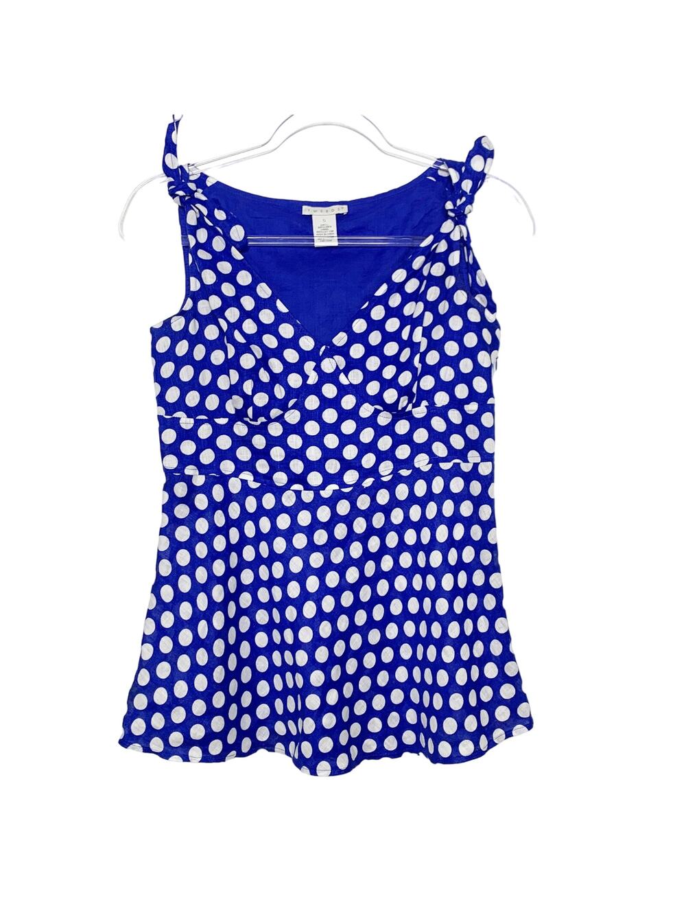 TWEEDS Linen Polka Dot Tank Top V-Neck Knotted-Strap Lined Blue White Size Small